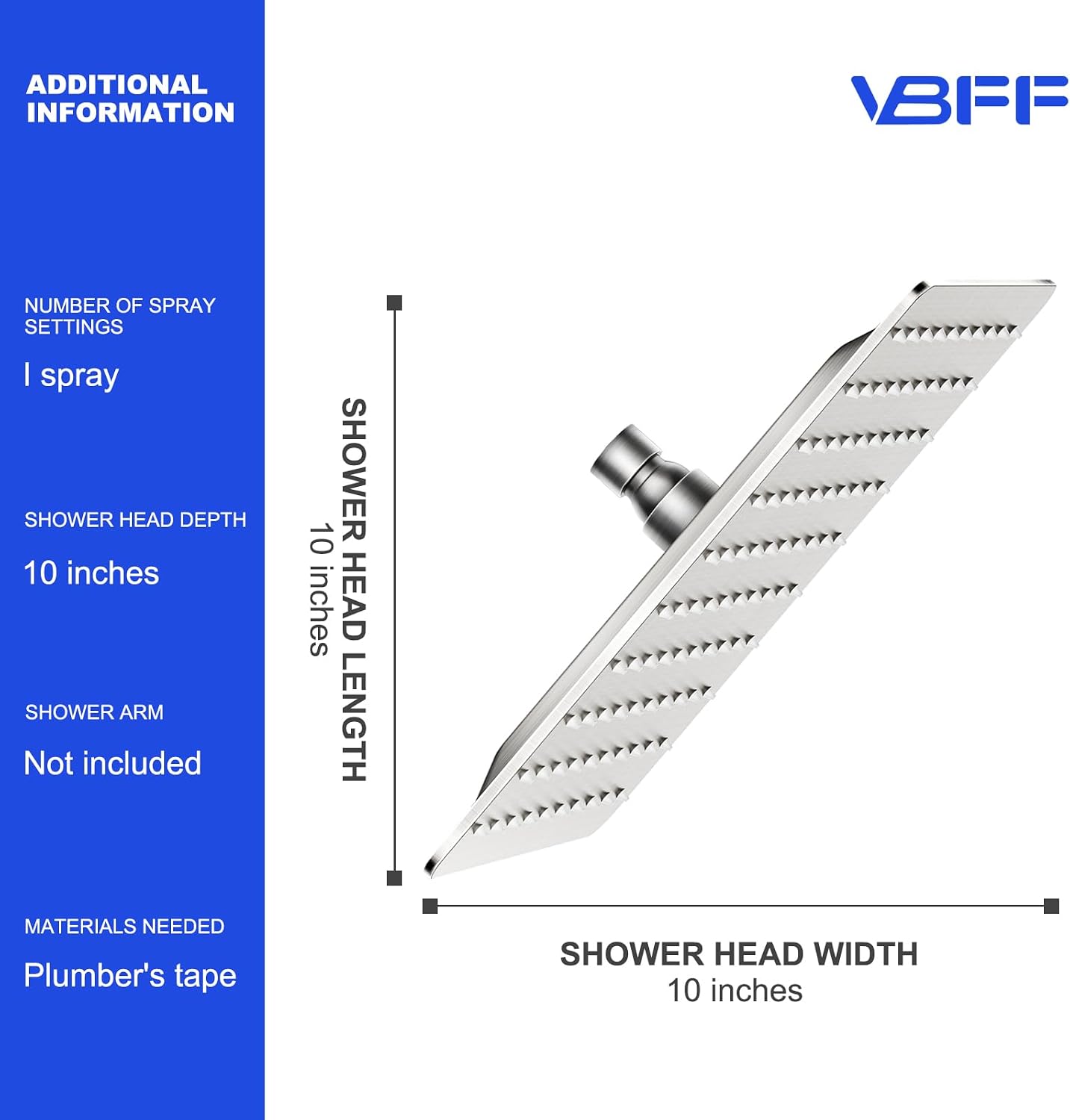 VBFF-Shower Head,rain shower head, 10 inch- Square Shower Head, 1.8 GPM Flow Rate, rainfall showerhead,VBFF08 (Brushed Nickel)