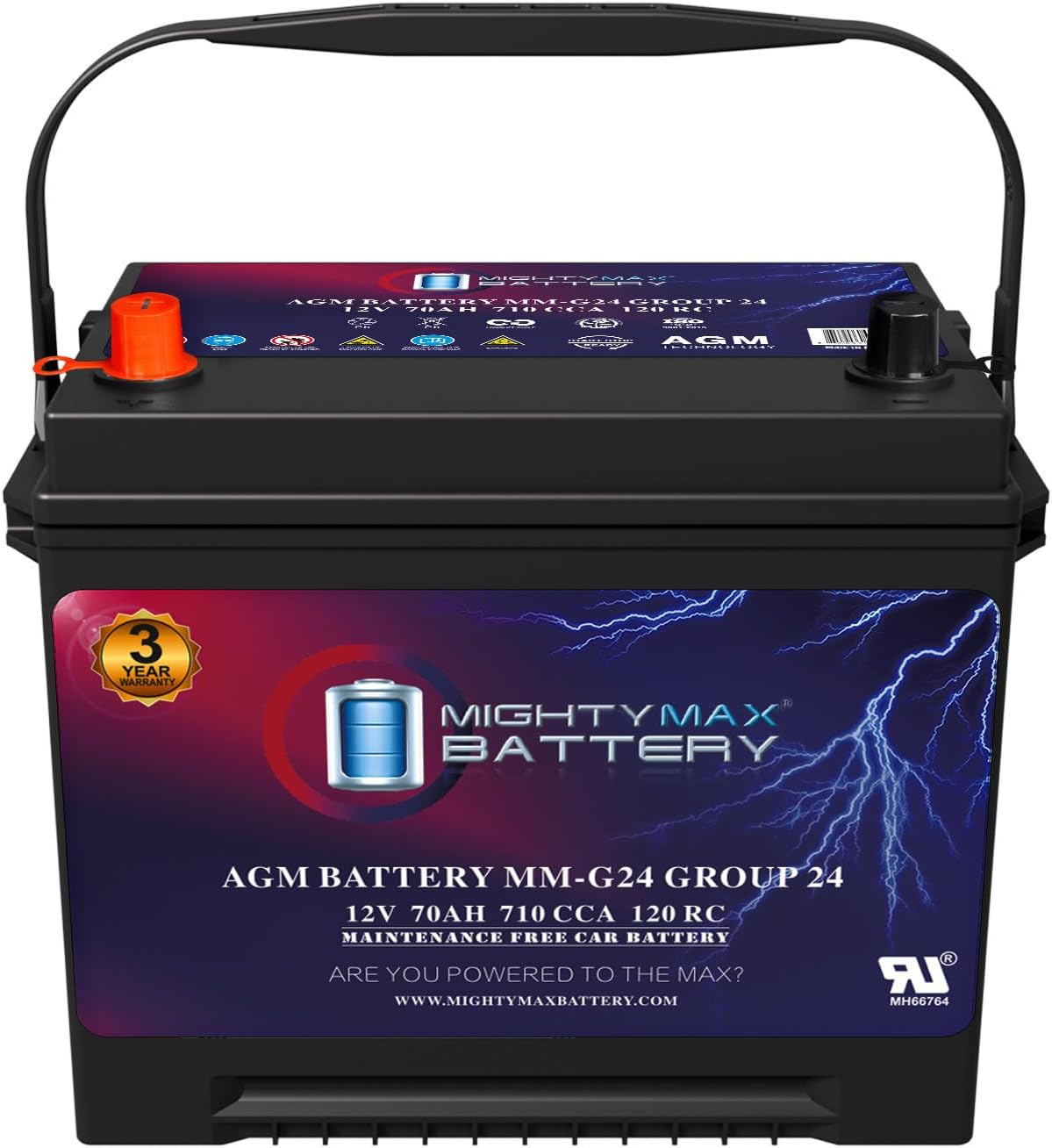 Mighty Max Battery MM-G24 Start and Stop Car BCI Group Size 24 12V 70Ah, 120RC, 710 CCA Rechargeable AGM Car battery