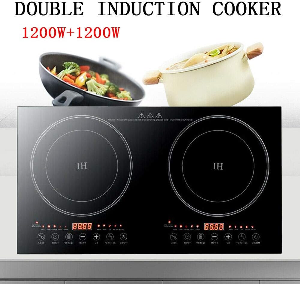 Black Crystal Panel Induction Cooker 110V Black Electric Hot Plate Stove Countertop Double Burner Dual Countertop Electric Cooktop 1200W with 8 Gear Firepower Induction Stove Cooker For Griddle, Pan