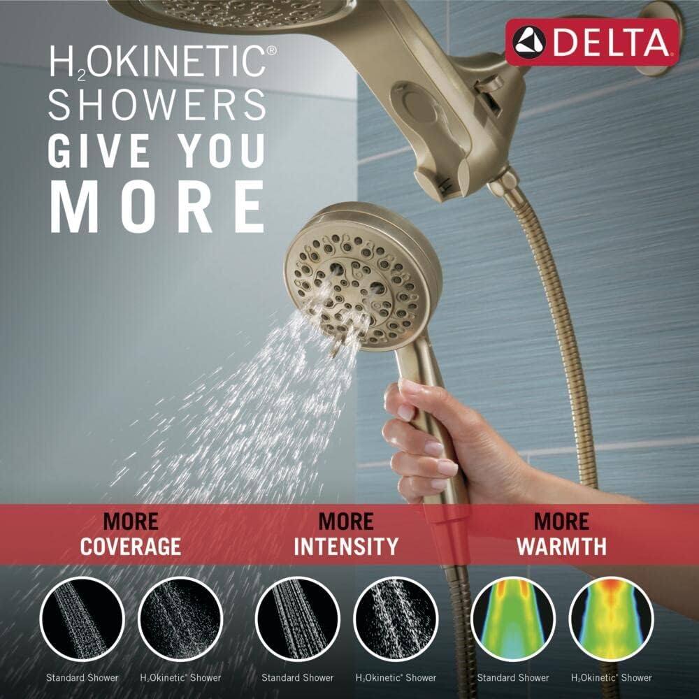 Delta Faucet HydroRain 5-Spray H2Okinetic Dual Shower Head with Handheld Spray, Gold Shower Head with Hose, Handheld Shower Heads, 1.75 GPM Flow Rate, Lumicoat Champagne Bronze 58680-CZ-PR