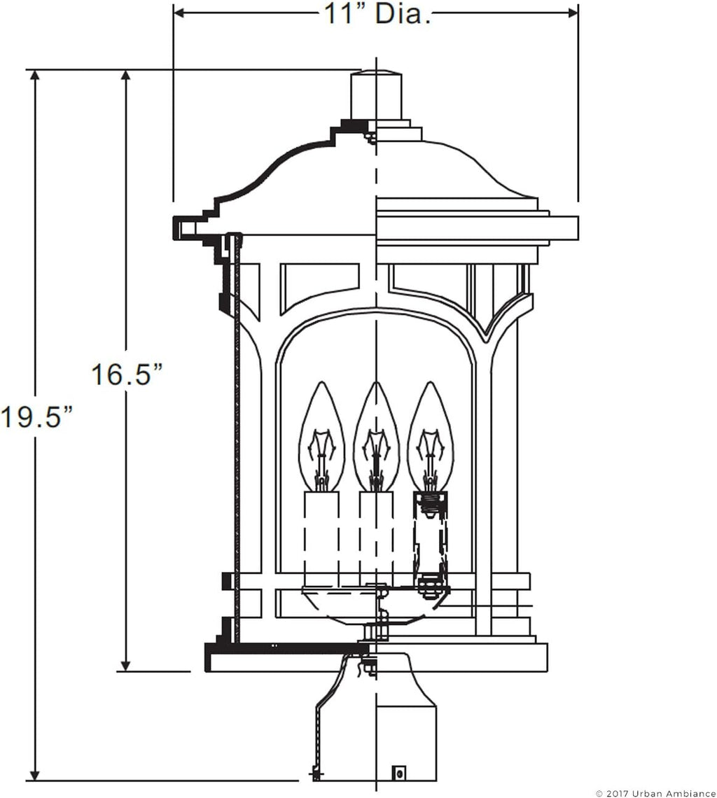 Urban Ambiance Luxury Rustic Outdoor Post Light, Medium Size: 19' H x 11' W, with Colonial Style Elements, Wrought Iron Design, High-End Black Silk Finish and Seeded Glass, UQL1106