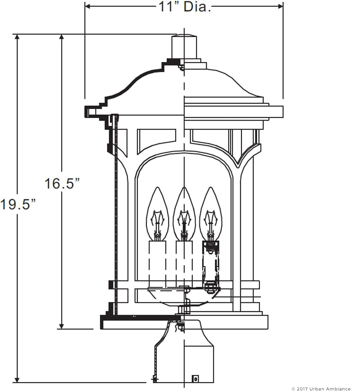 Urban Ambiance Luxury Rustic Outdoor Post Light, Medium Size: 19' H x 11' W, with Colonial Style Elements, Wrought Iron Design, High-End Black Silk Finish and Seeded Glass, UQL1106