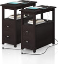 3-Tier Side Table Slim Sofa End Table with 2 Drawers and 1 Open Shelf Narrow Space for Living Room, Espresso Power (Outlets and USB Ports Included) Set of 2