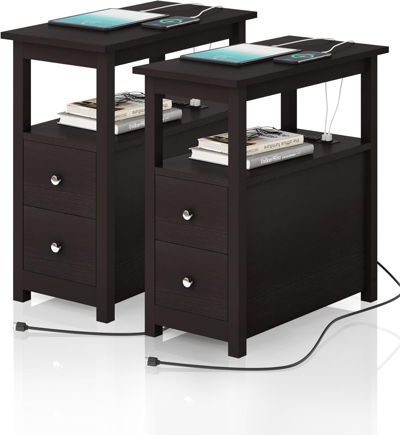 3-Tier Side Table Slim Sofa End Table with 2 Drawers and 1 Open Shelf Narrow Space for Living Room, Espresso Power (Outlets and USB Ports Included) Set of 2