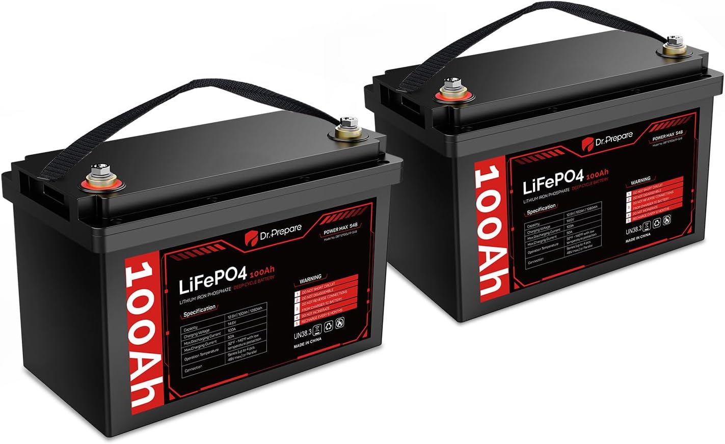 DR.PREPARE 12V 100Ah LiFePO4 Battery, Group 31 Lithium Batteries 12v with 100A BMS, 1280Wh Deep Cycle Lithium Iron Phosphate Battery Energy for RV, Trolling Motor, Solar Power, Off-Grid, 2 Pack