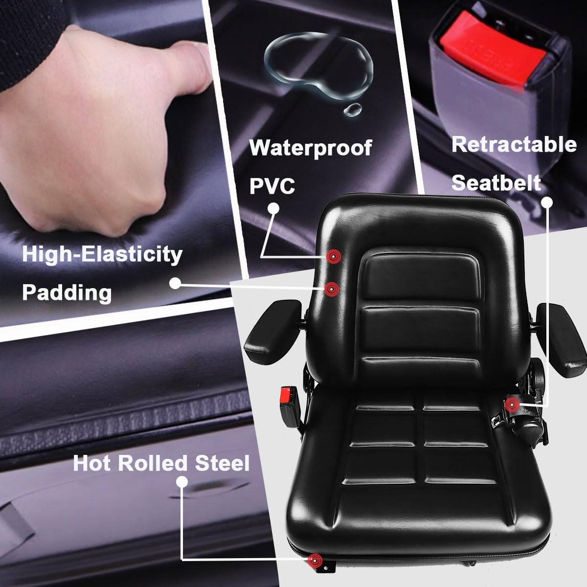 Universal Lawn Mower Seat Replacement Tractor & Forklift Seat with Adjustable Back/Slide Rail/Armrest/Seatbelt,Waterproof PVC Thickened Cushion Mower Seat Compatible with Ariens Snapper GTH Xmark