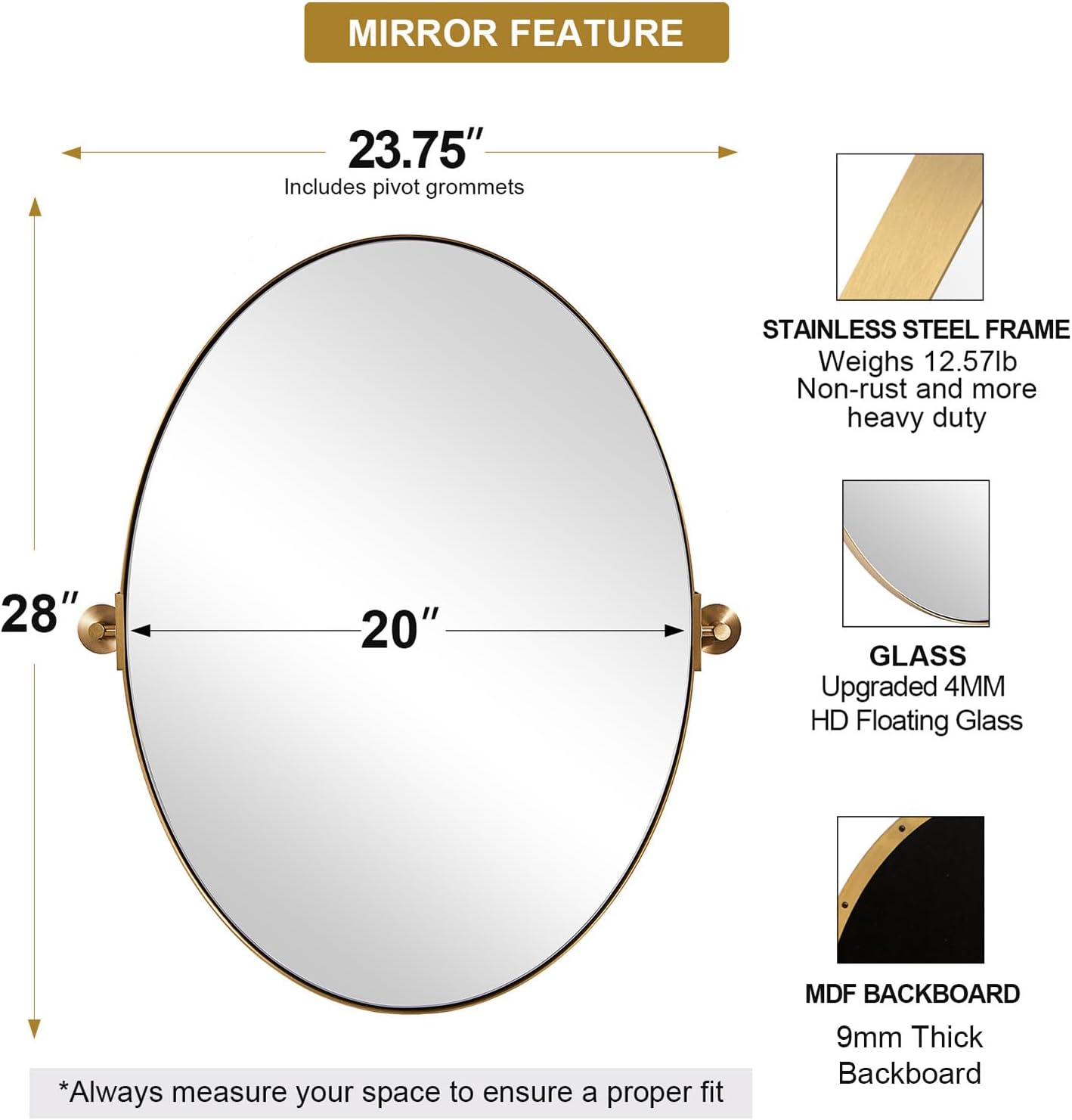 MOON MIRROR Gold Oval Pivot Mirror, Brushed Brass Bathroom Vanity Mirror, Oval Tilting Mirror with Rust-Proof Stainless Steel Thin Frame, Wall-Mounted Vertically