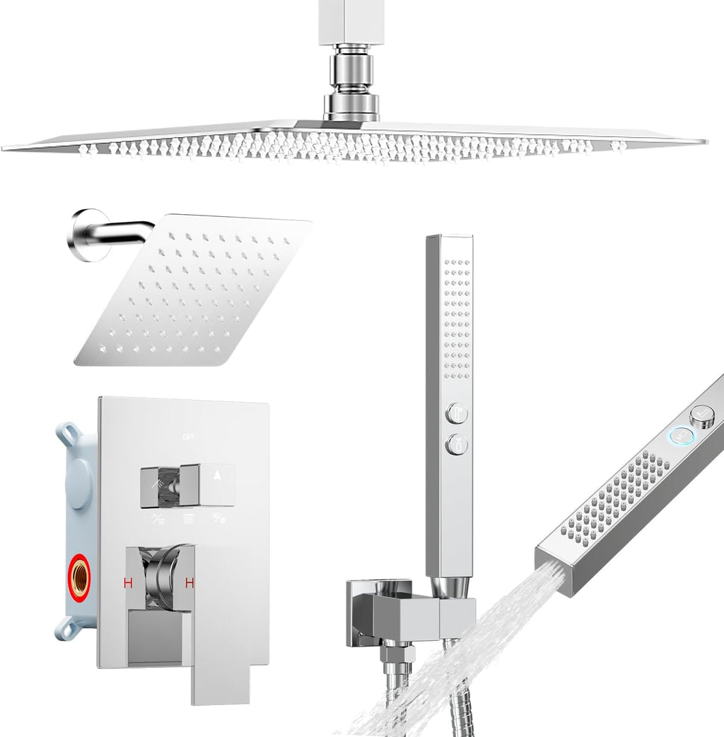 Shower System Shower Faucet Set, STARBATH 6'+12' Ceiling Mount Dual Rain Shower Head Set with 2 in 1 Handheld Spray,Rainfall Shower System with Diverter Valve and Trim Kit Complete,Chrome
