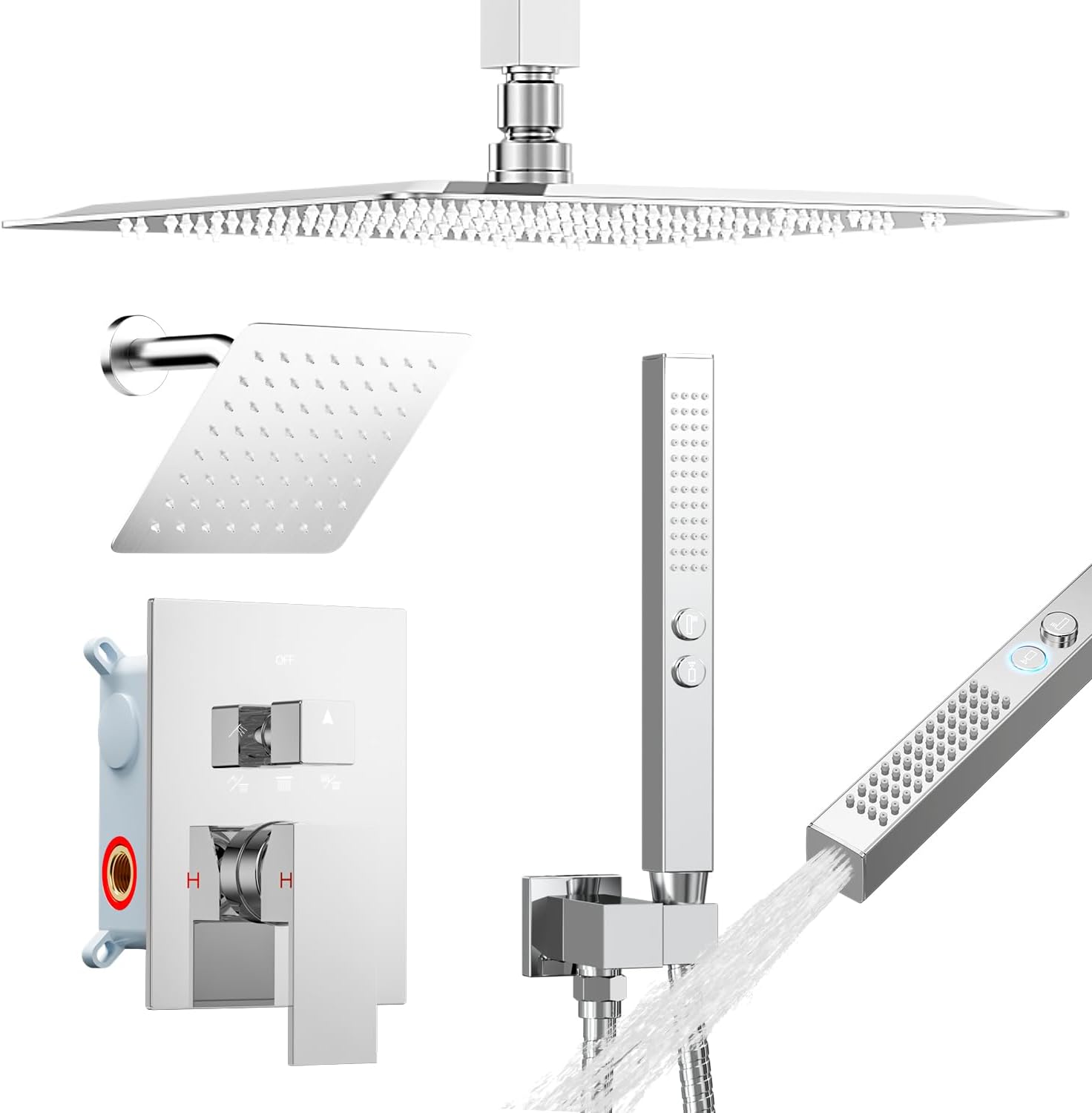 Shower System Shower Faucet Set, STARBATH 6'+12' Ceiling Mount Dual Rain Shower Head Set with 2 in 1 Handheld Spray,Rainfall Shower System with Diverter Valve and Trim Kit Complete,Chrome
