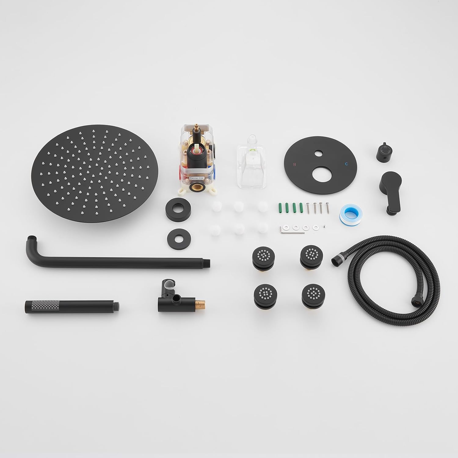 Iriber Mattle Black Round Rain Shower System with 4 PCS Body Jets 3 Function Shower Faucet Set Contain 12 Inch Shower Head and Handheld Wall Mounted Pressure Balance Shower Trim Kit (Valve Included)