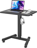 BONTEC Mobile Standing Desk Adjustable Height, Rolling Laptop Cart with Hook, Portable Workstation with Pneumatic Lift, Ergonomic Table with Wheels, Compact Home Office Desk, Black 25.6' x 17.7'