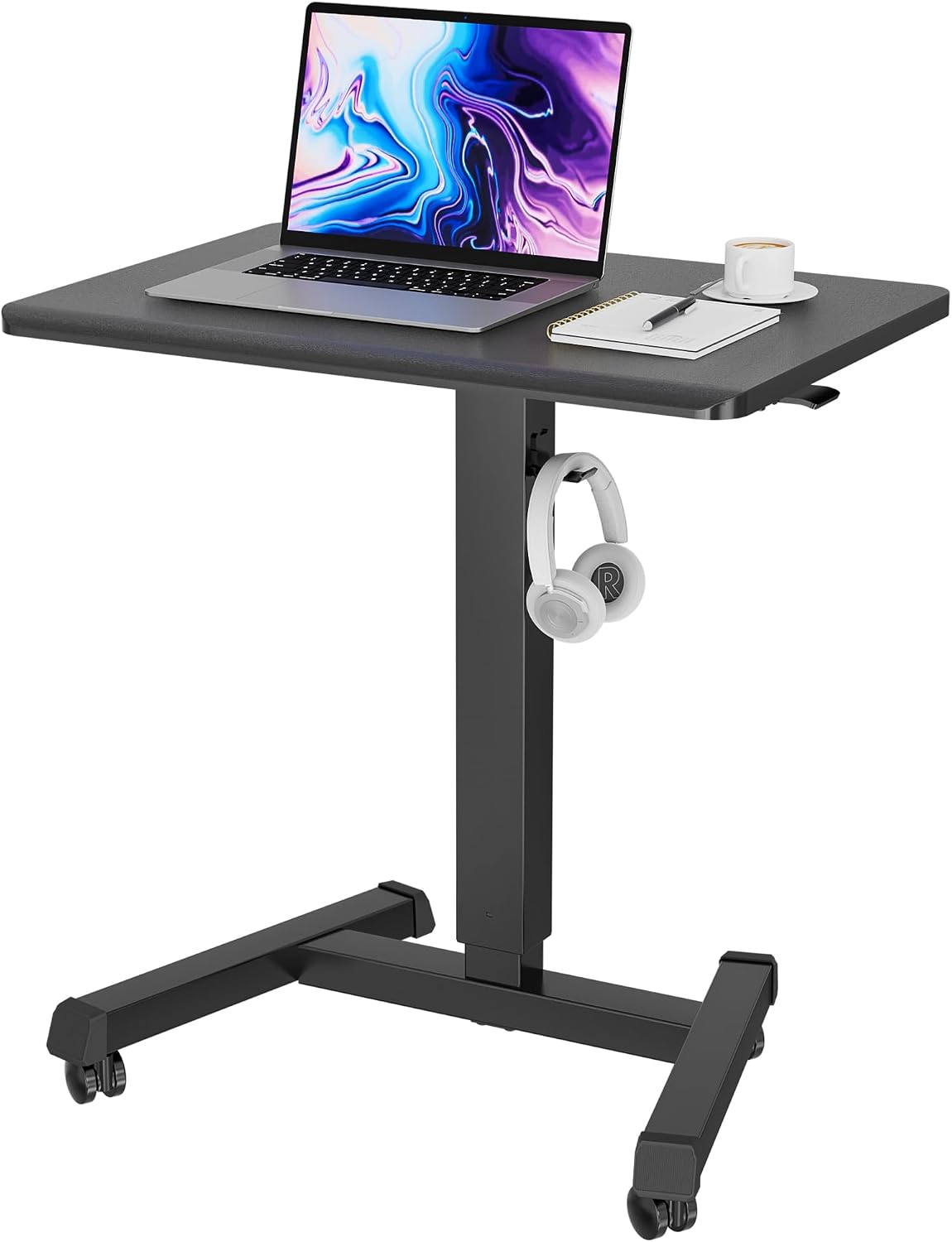 BONTEC Mobile Standing Desk Adjustable Height, Rolling Laptop Cart with Hook, Portable Workstation with Pneumatic Lift, Ergonomic Table with Wheels, Compact Home Office Desk, Black 25.6' x 17.7'