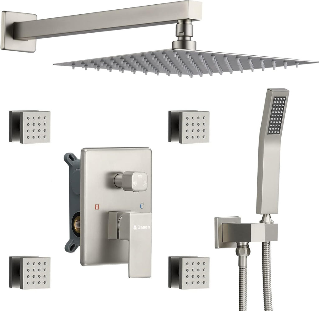 Full Body Rain Shower System with 4 Body Shower Jets & 12' Wall Mount Rainfall Shower Head & Handheld, DASAN Multi Shower Head System Brushed Nickel Rain Shower Faucets sets Combo with Rough-in Valve