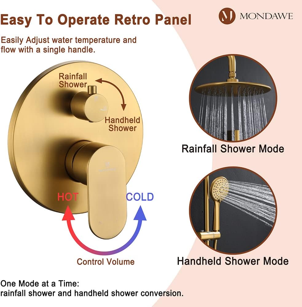 MONDAWE 9 Inch Wall Mounted Shower Faucet Set in Brushed Gold, Rainfall Shower Head with 3-Setting Handheld Spray Shower Set Combo, High Pressure Shower System with Solid Brass Valve