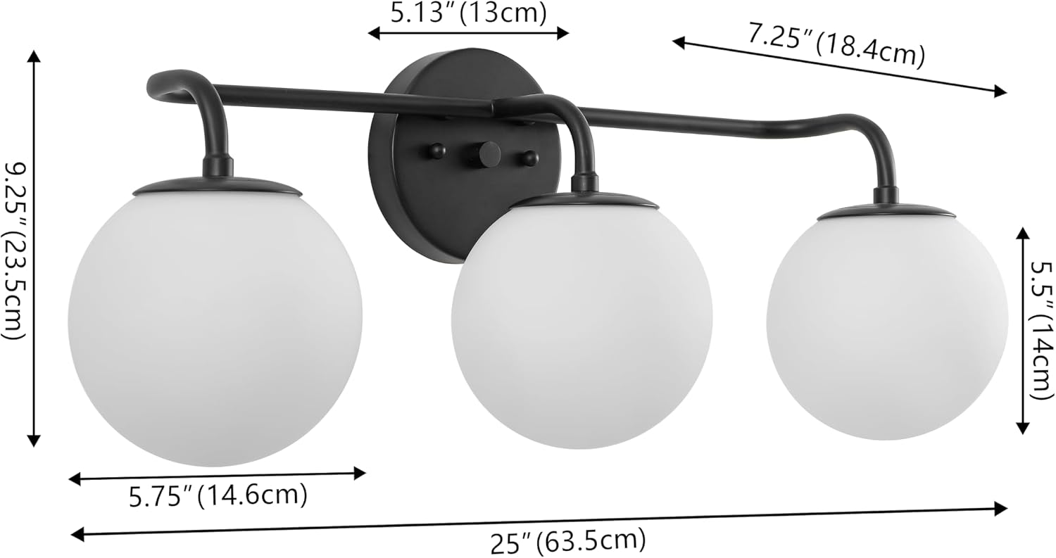 JONATHAN Y 25' Black Modern Globe Wall Sconce Vanity Light for Bathroom, White Frosted Glass Shade, Midcentury Parisian Bistro Wall Lamp, LED Bulb Included (JYL3536B)