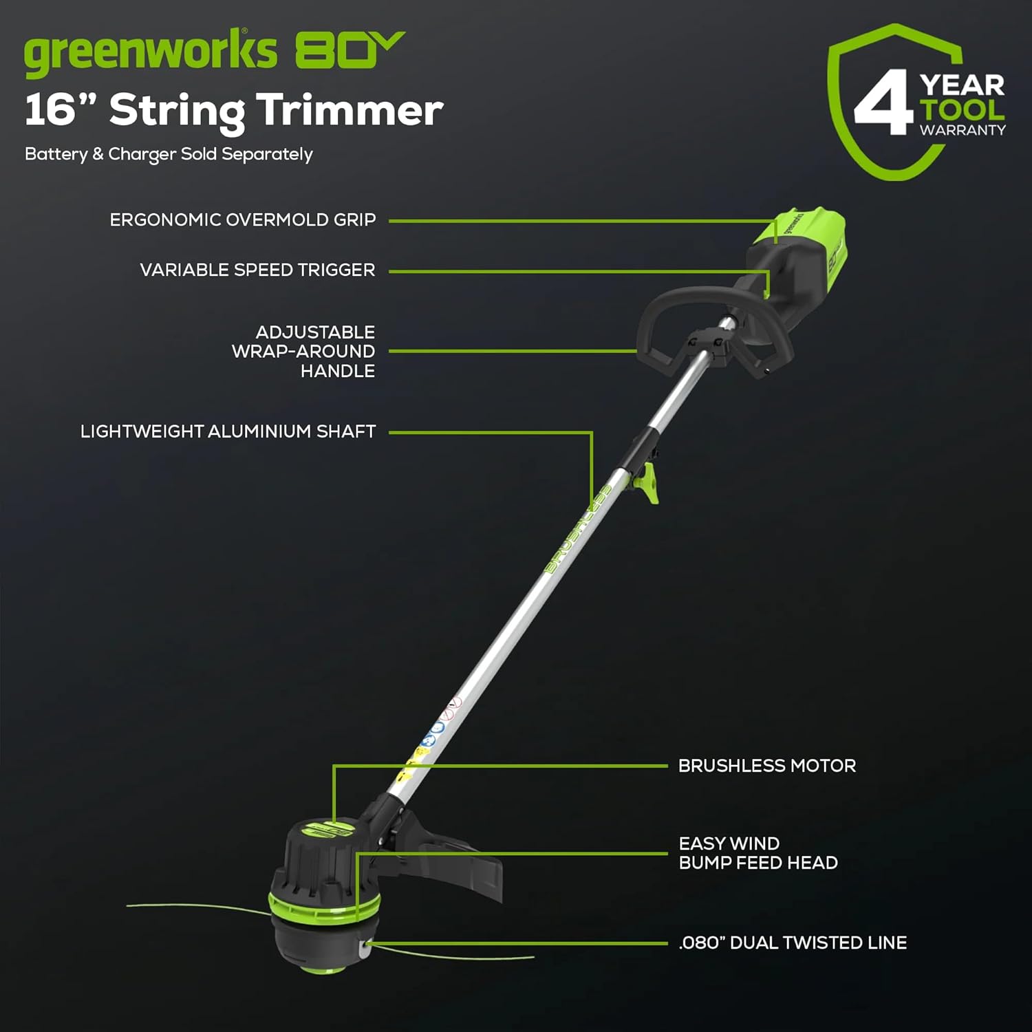 Greenworks 80V 16' Brushless Cordless String Trimmer – Battery & Charger Not Included, .080' Dual Line, Variable Speed, Lightweight Design, 4-Year Warranty