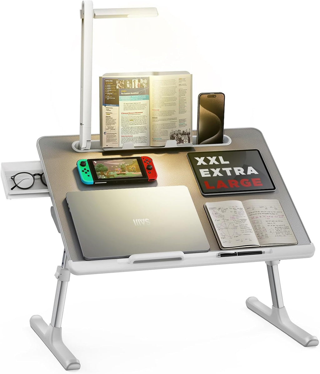 Laptop Bed Tray Desk with LED Desk Lamp, SAIJI Adjustable Laptop Stand for Bed, XX-Large PVC Leather Foldable Table with Book Stand, Wrist Rest, Extra Leg Room for Sofa Couch Floor (Gray)