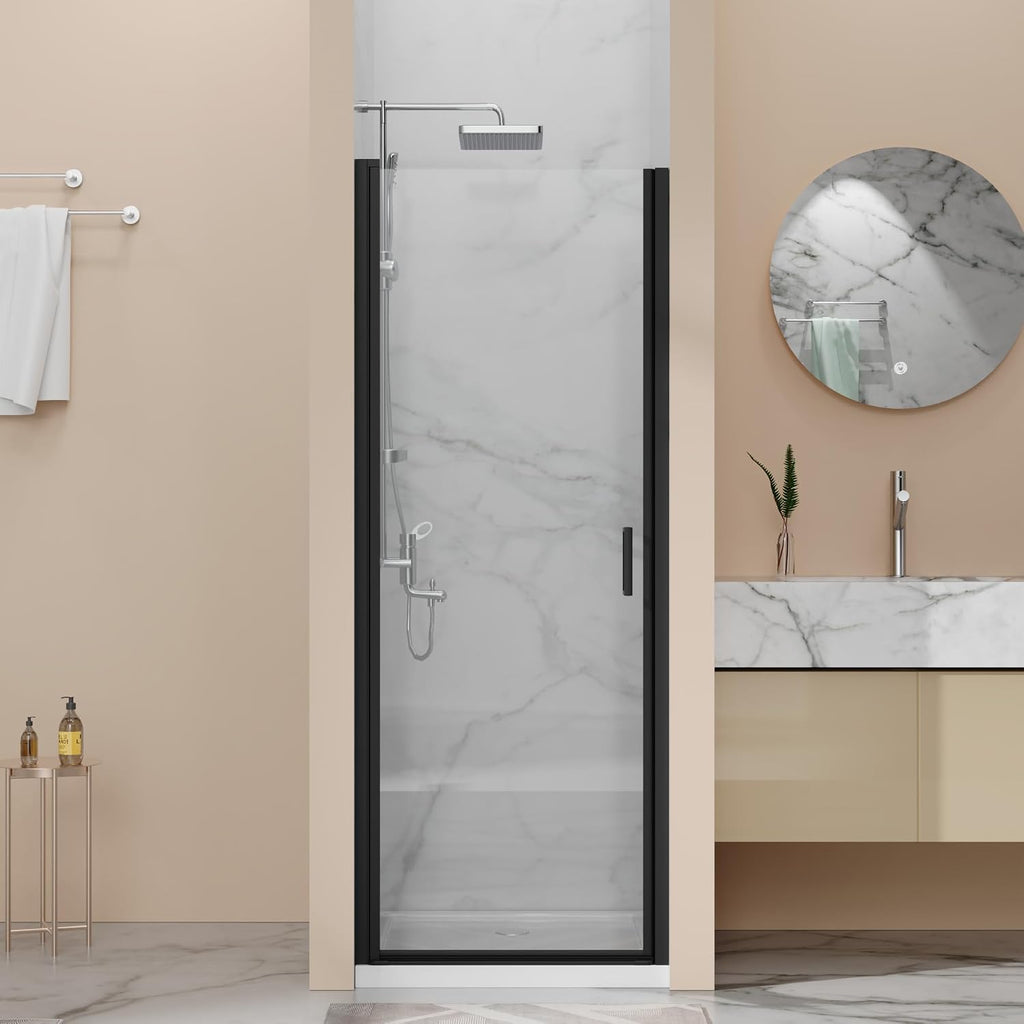 28' x 72' Pivot Shower Door, 1/4 inch Tempered Glass Panel Pivot Swing Shower Door in Matte Black Finish, Semi-Frameless Design