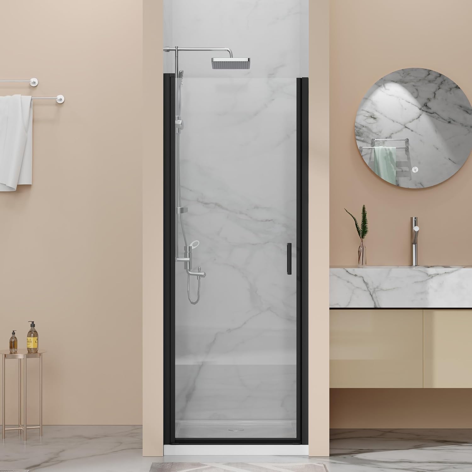 28' x 72' Pivot Shower Door, 1/4 inch Tempered Glass Panel Pivot Swing Shower Door in Matte Black Finish, Semi-Frameless Design