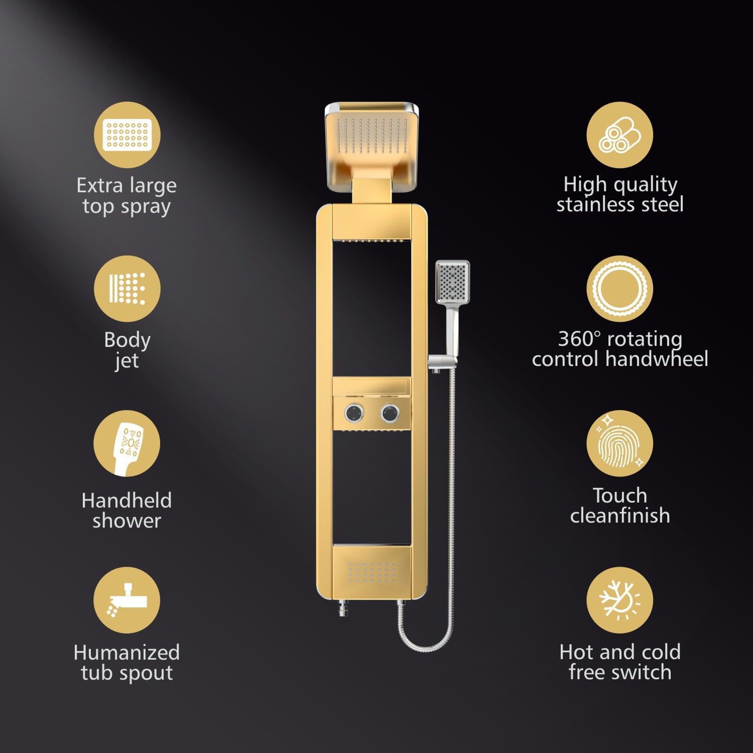 ELLO&ALLO Shower Panel Tower System with Shelf, Rainfall Shower Head and Rain Massage System with Body Jets, Stainless Steel Bathroom Fixtures, Brushed Gold&Chrome