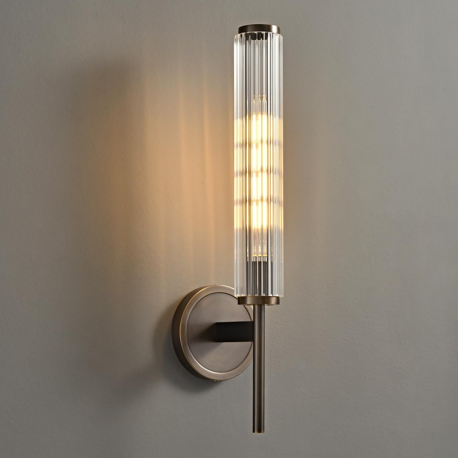 Antique Brass Wall Sconce, Bathroom Vanity Wall Light with Grooved Glass Tube Shade, Vintage Farmhouse Wall Lamp for Hallway, Bedroom, Living Room, and Dining Room Mirrors(Including Bulb)