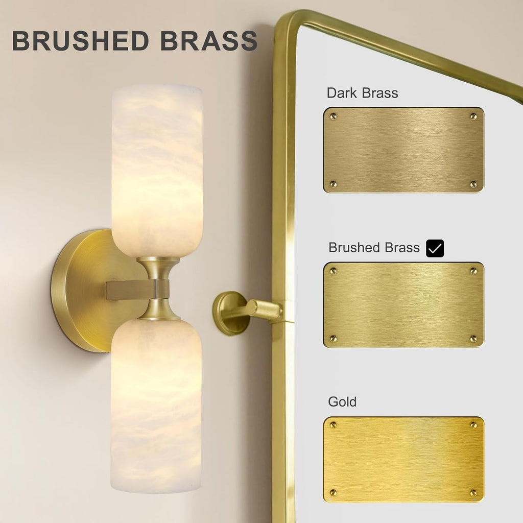 Gold Alabaster Wall Sconces Set of 2, 14in Spanish Natural Marble Sconce, Modern Stone Wall Light, Dimmable Alabaster Vanity Light Hardwired Brass Wall Lamp for Bathroom Mirror, Bedroom, Hallway