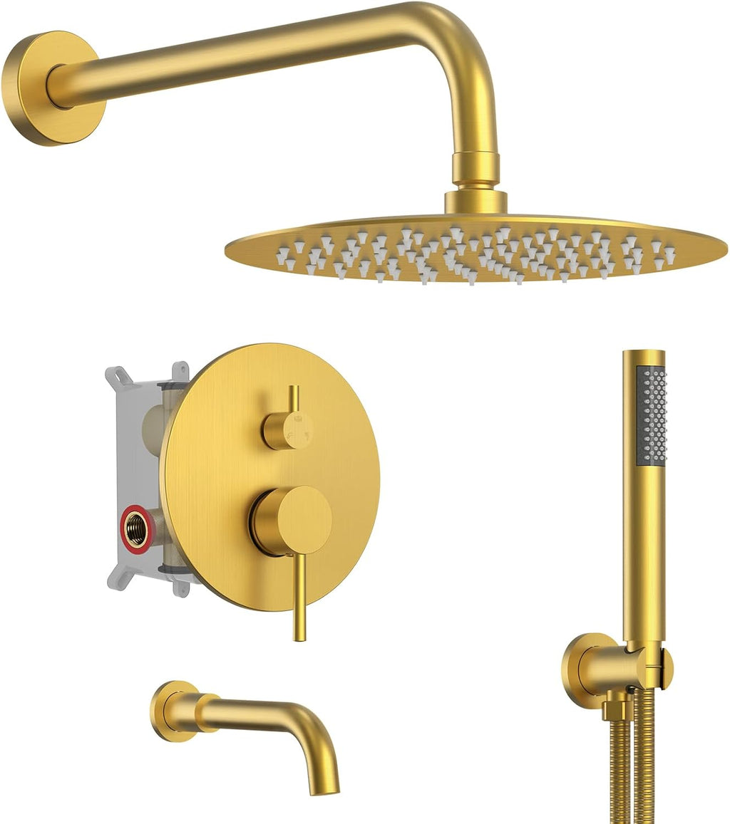 Shower System with Tub Spout: EVERSTEIN Shower Faucet Set Complete, 3-Function Wall Mount 10 Inch High Pressure Round Rain Shower Head with Handheld Sprayer, Tub and Shower Faucet Combo (Brushed Gold)