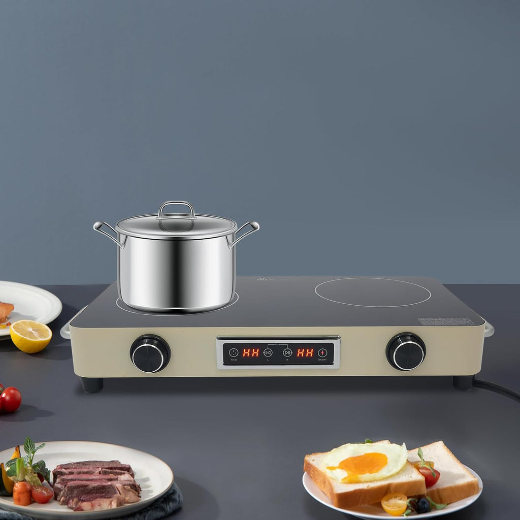 Electric Cooktop Double-burner 10'' Electric Stove Top with Knob Control Electric Countertop Burner with Kids Lock & Timer Cooktop with Plug in Over-Temperature Protection for Kitchens Rvs Apartments