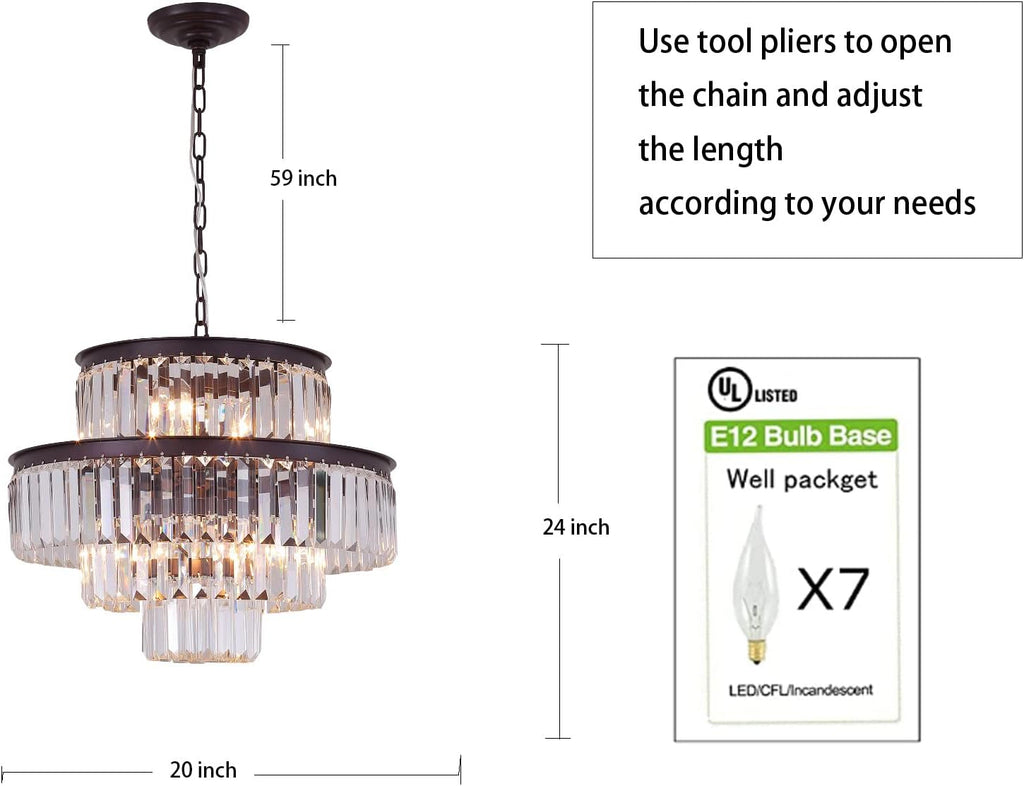 20' Black Crystal Chandelier, Modern 4-Tier Ceiling Light with Clear Crystal Prisms, Luxury Pendant Lighting for Dining Room Entryway