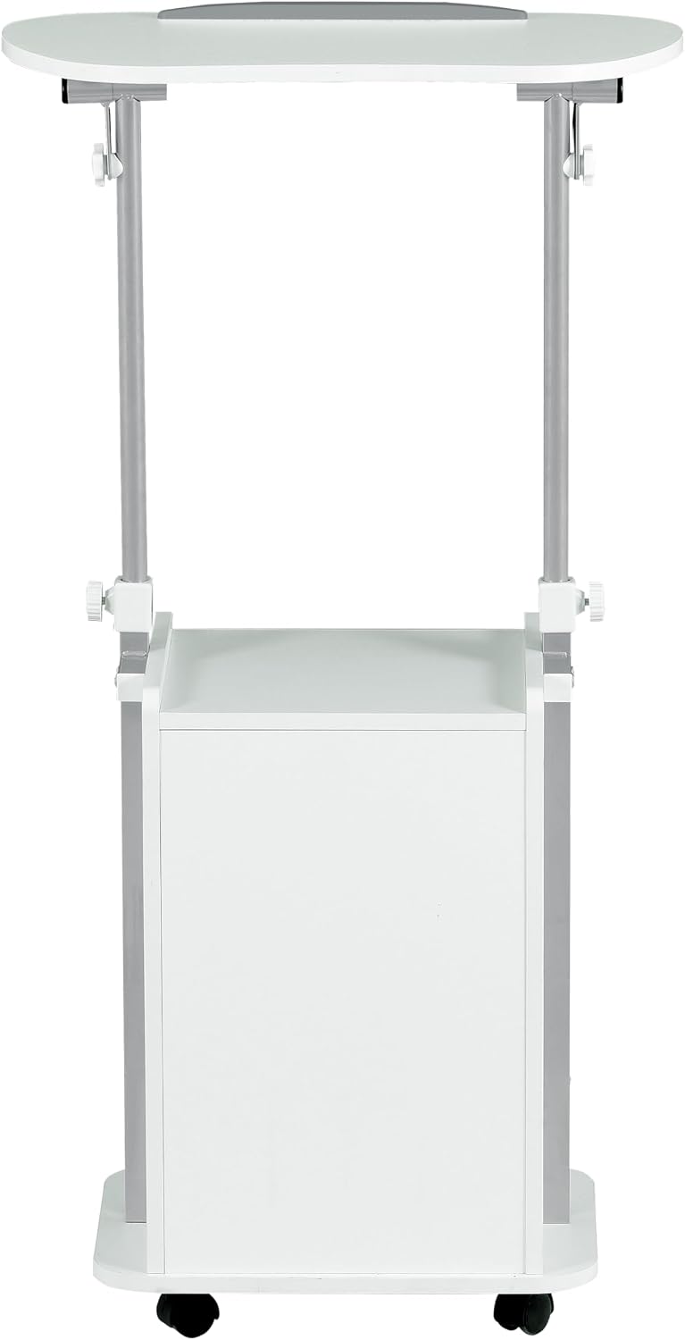 Techni Mobili Adjustable Laptop Cart with Storage, Rolling Mobile Workstation Desk with Cabinet, Shelf & Locking Wheels. Height Adjustable Sit to Stand for Home Office, Bedside, or Classroom (White)