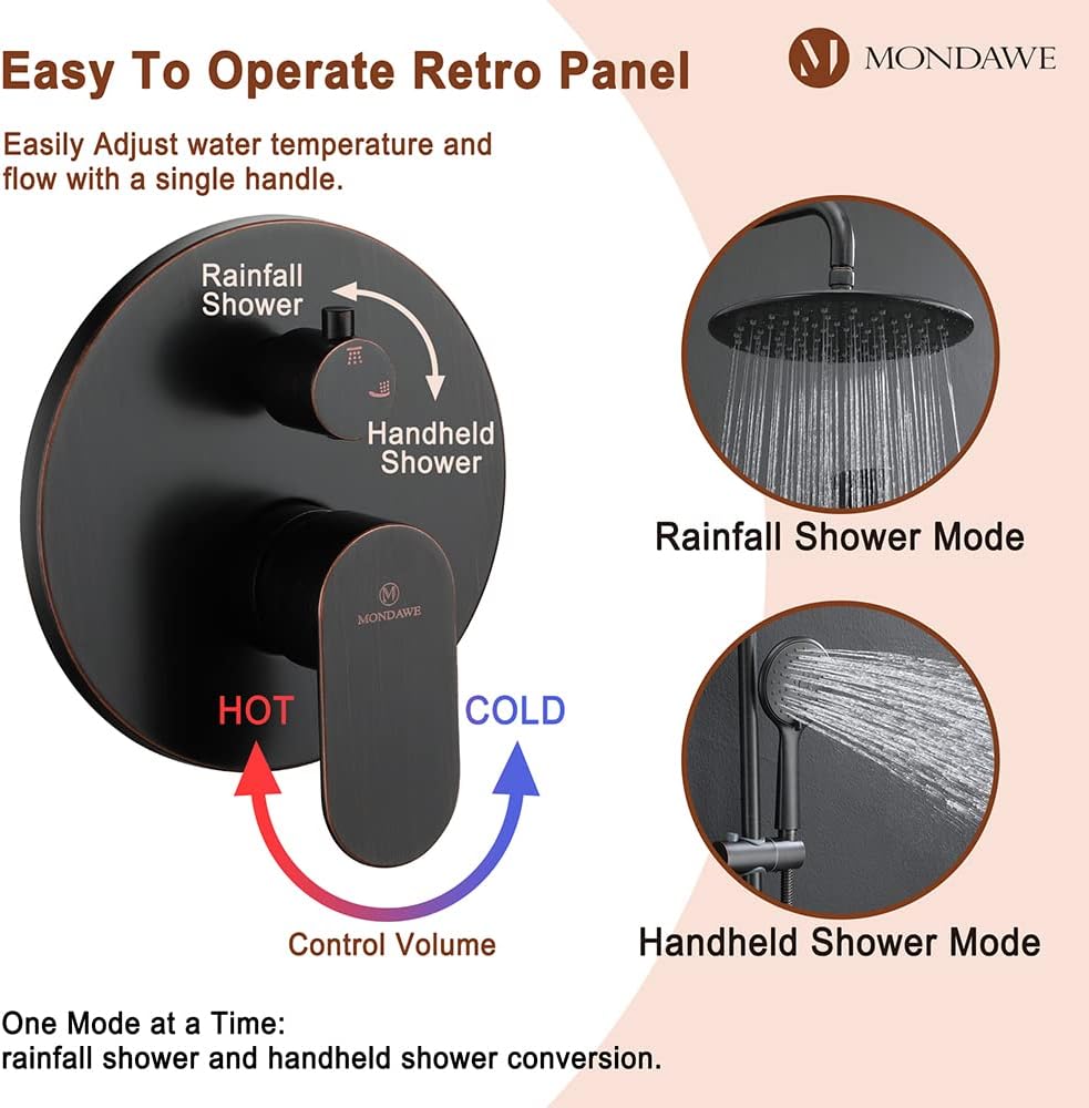 MONDAWE 9 Inch Wall Mounted Shower Faucet Set in Oil Rubbed Bronze, Rainfall Shower Head with 3-Setting Handheld Spray Shower Set Combo, High Pressure Shower System with Solid Brass Valve