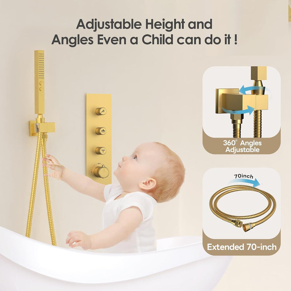 Thermostatic Dual Shower System Brushed Gold,Push Button Diverter Rainfall Shower Faucet Set with 2 in 1 Handheld Spray,12'' Ceiling Mount and 6'' Wall Mount Rainfall Shower System