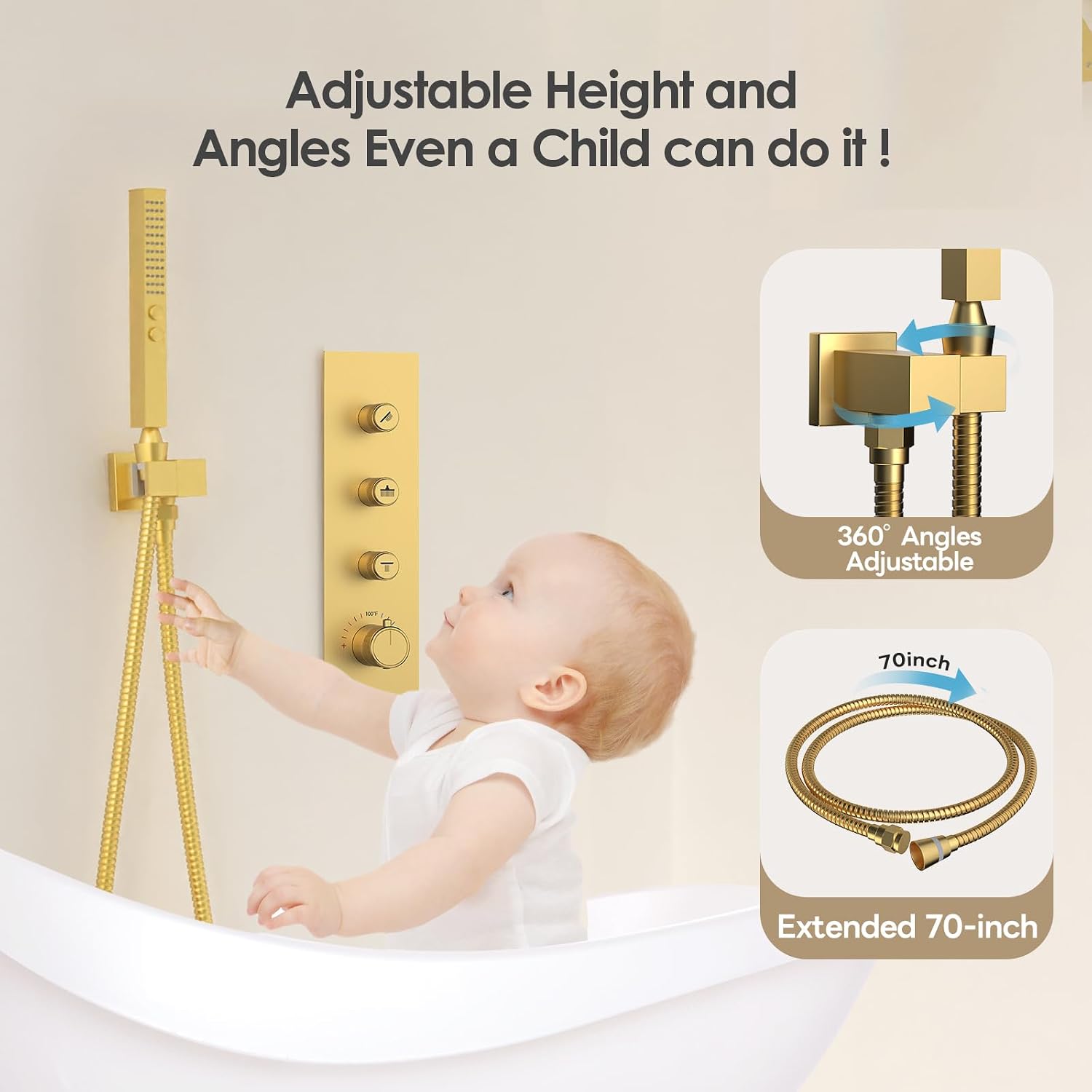 Thermostatic Dual Shower System Brushed Gold,Push Button Diverter Rainfall Shower Faucet Set with 2 in 1 Handheld Spray,12'' Ceiling Mount and 6'' Wall Mount Rainfall Shower System