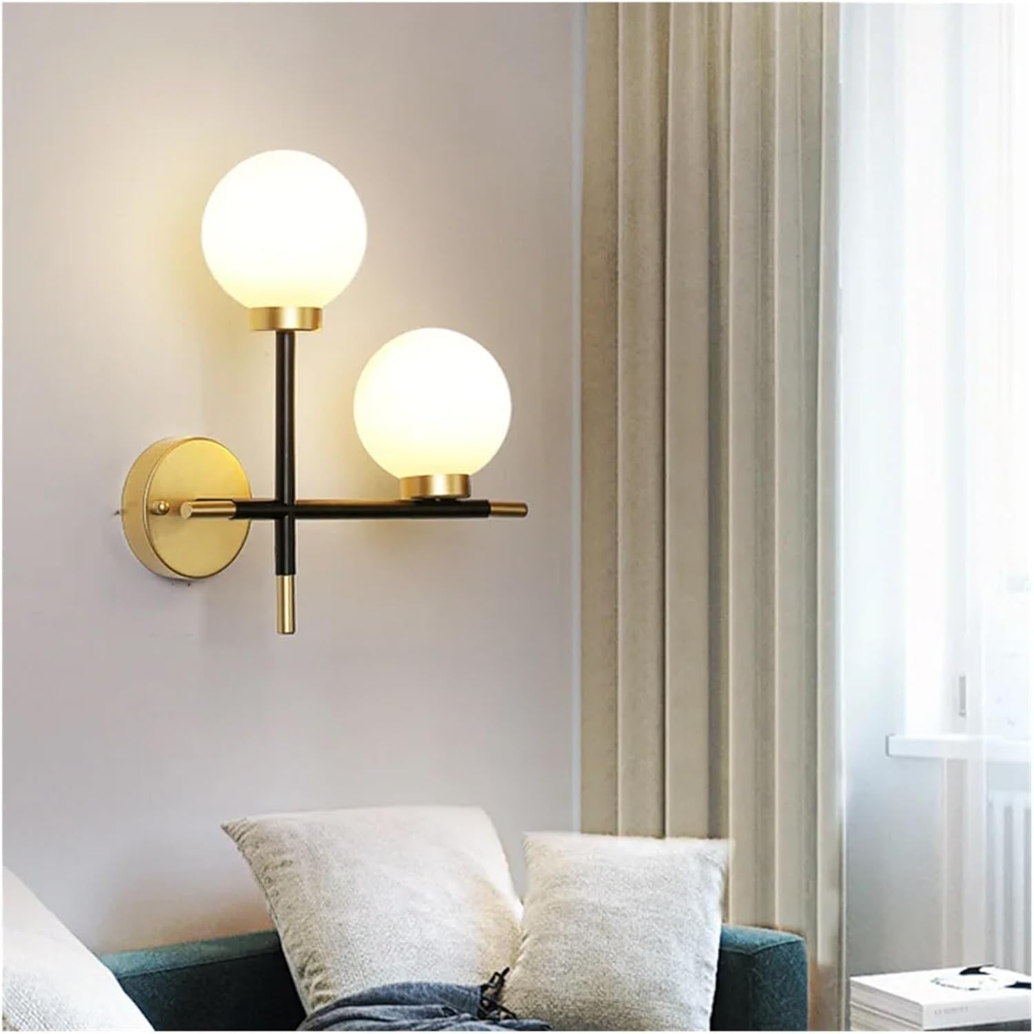 2 Light Nordic Minimalist Golden Wrought Iron Wall Fitting,with Frosted Glass Globe Shades Black Lighting Metal Fixture, for Living Room, Bedroom, Hallway(Right)