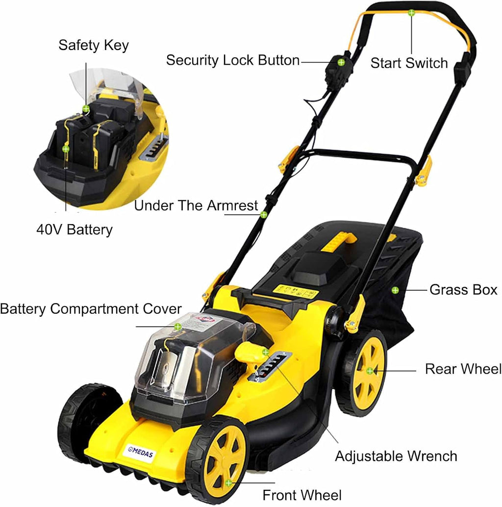 Electric Rotary Lawn Mower, 40cm Cutting Width, 40V Cordless Lawnmower with Battery and Charger, 45L Grass Box, Folding Push Lawn Trimmer