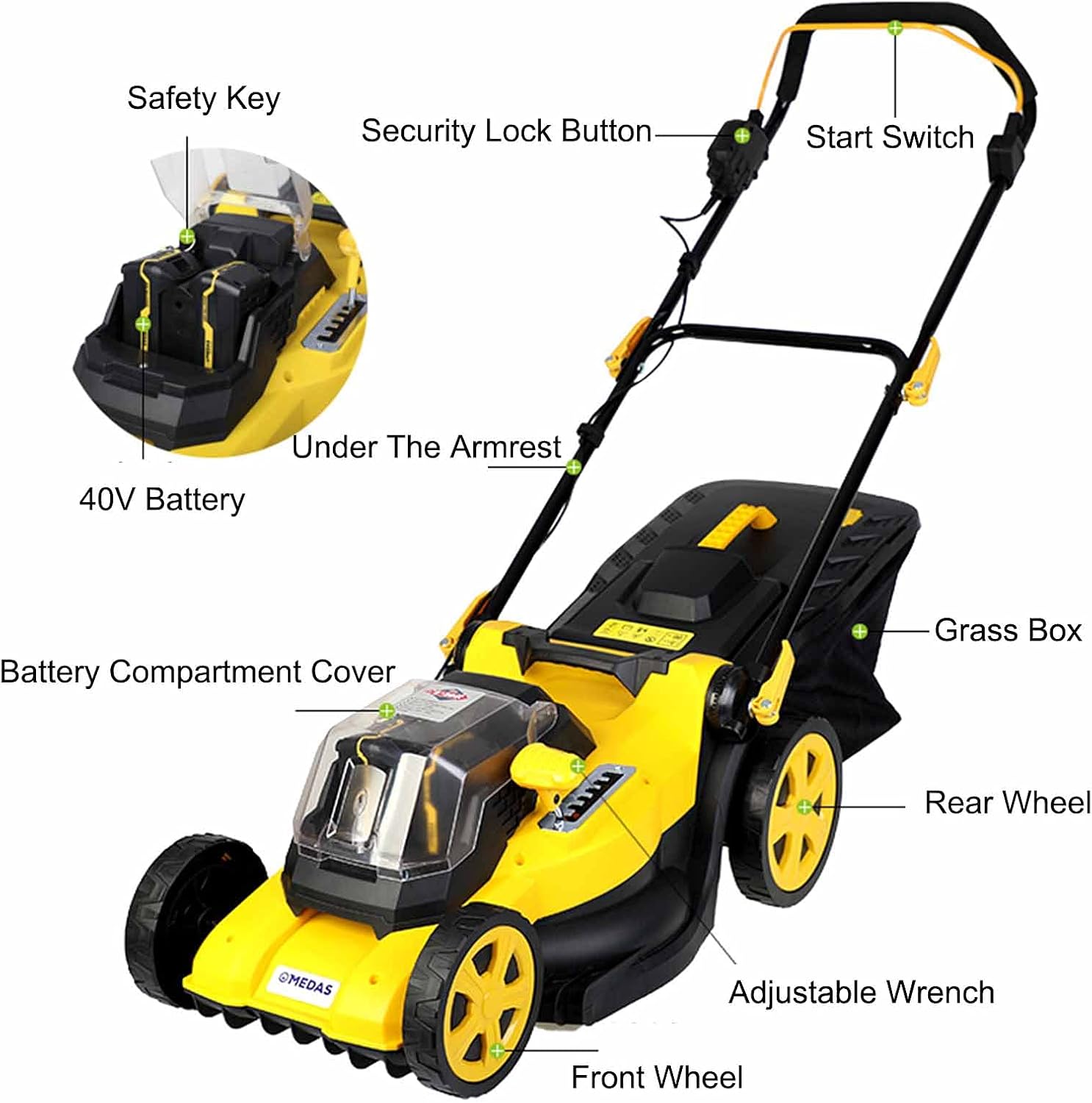 Electric Rotary Lawn Mower, 40cm Cutting Width, 40V Cordless Lawnmower with Battery and Charger, 45L Grass Box, Folding Push Lawn Trimmer
