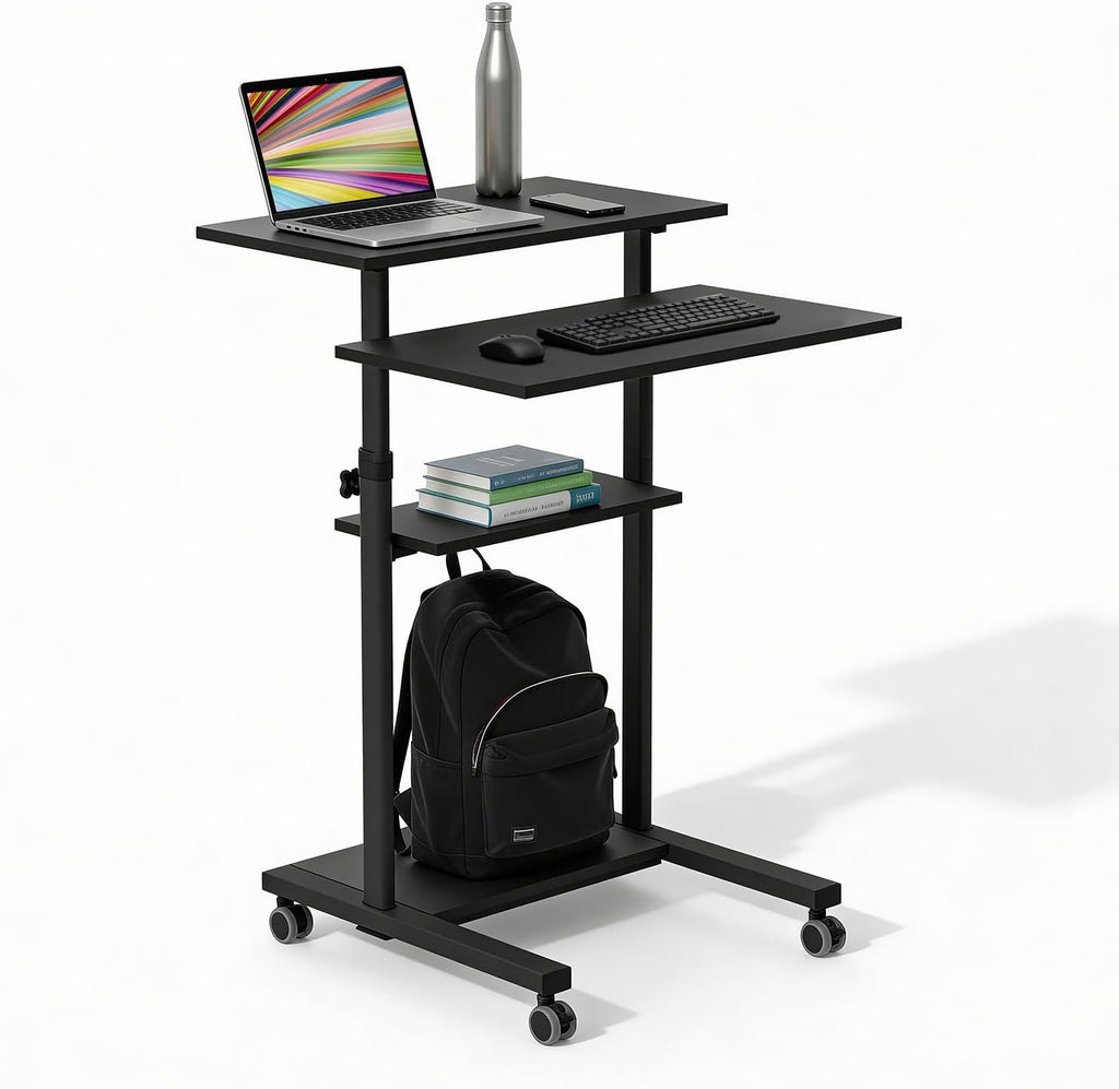 Mount-It! Black Rolling Standing Desk, Adjustable Height up to 54.7', Portable Laptop Podium Desk on Wheels, Mobile Computer Workstation with 4 Shelves 27.5' Wide, Cart for Home Office or Classroom