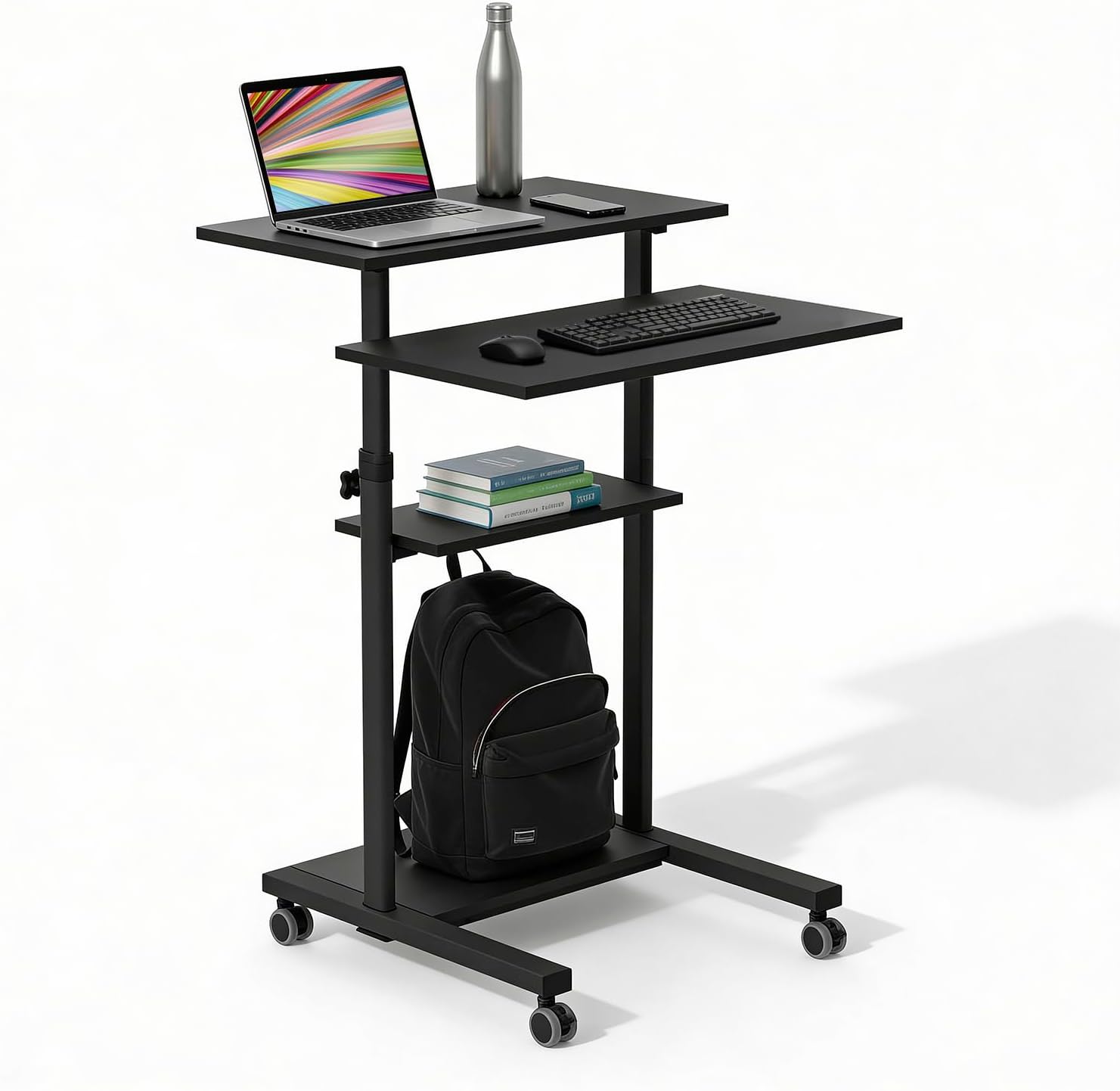 Mount-It! Black Rolling Standing Desk, Adjustable Height up to 54.7', Portable Laptop Podium Desk on Wheels, Mobile Computer Workstation with 4 Shelves 27.5' Wide, Cart for Home Office or Classroom
