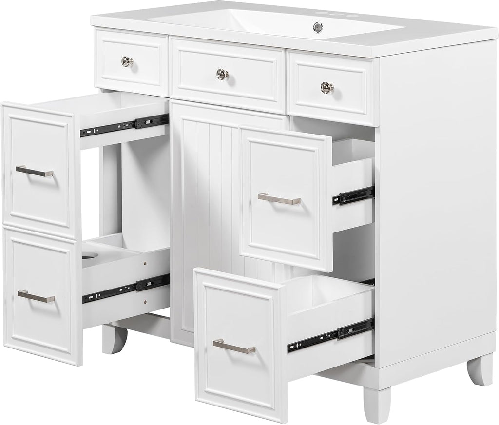 LUMISOL 36' Bathroom Vanity with Sink Top, Modern Bathroom Vanity with 3 Drawers & Cabinet, Solid Wood Bathroom Cabinet with Undermount Basin, White