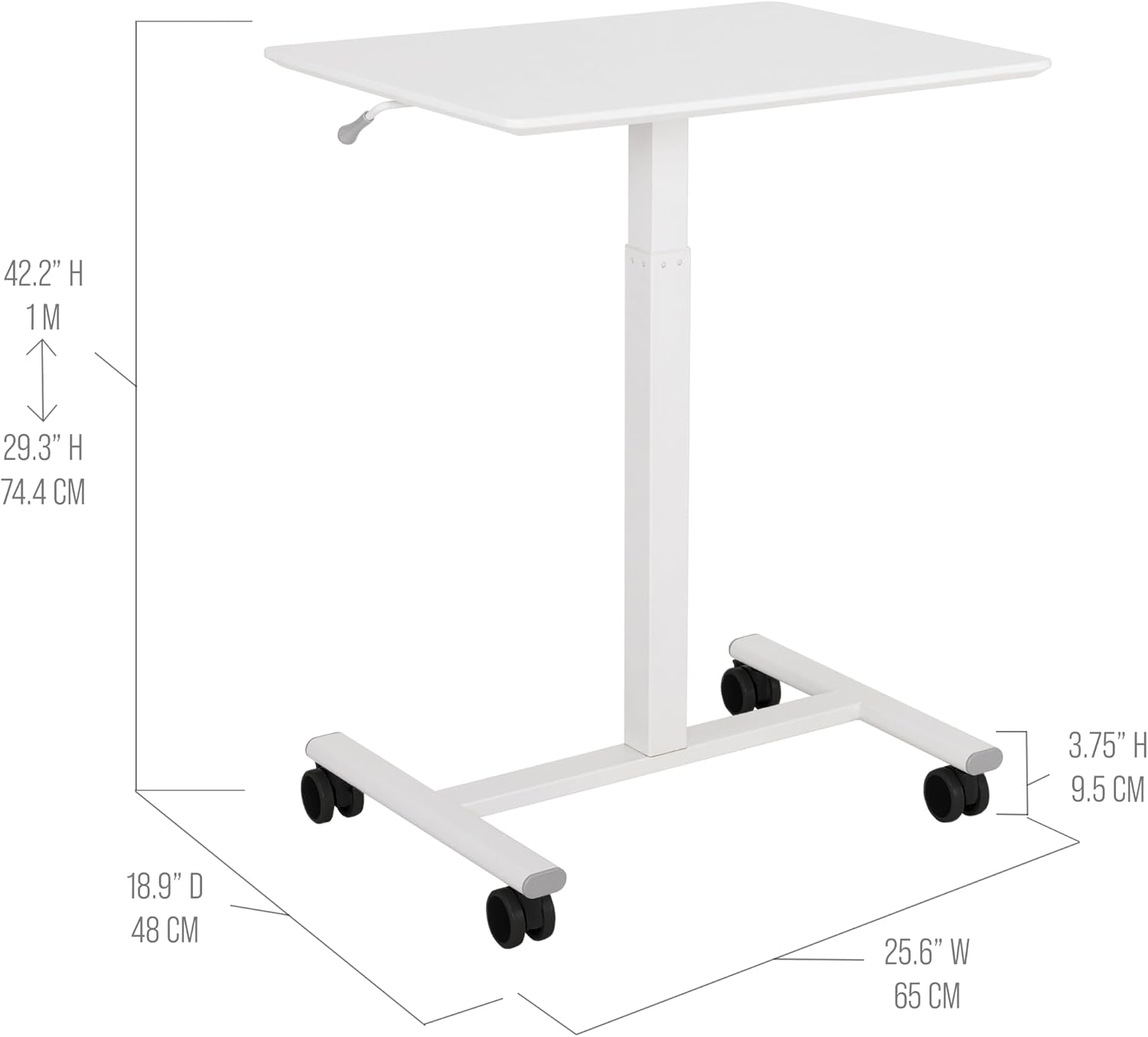 Seville Classics Airlift Height Adjustable Pneumatic Laptop Sit Stand Desk Mobile Rolling Cart, Computer Workstation for Home Office, Classroom, White, 25.6' Desktop