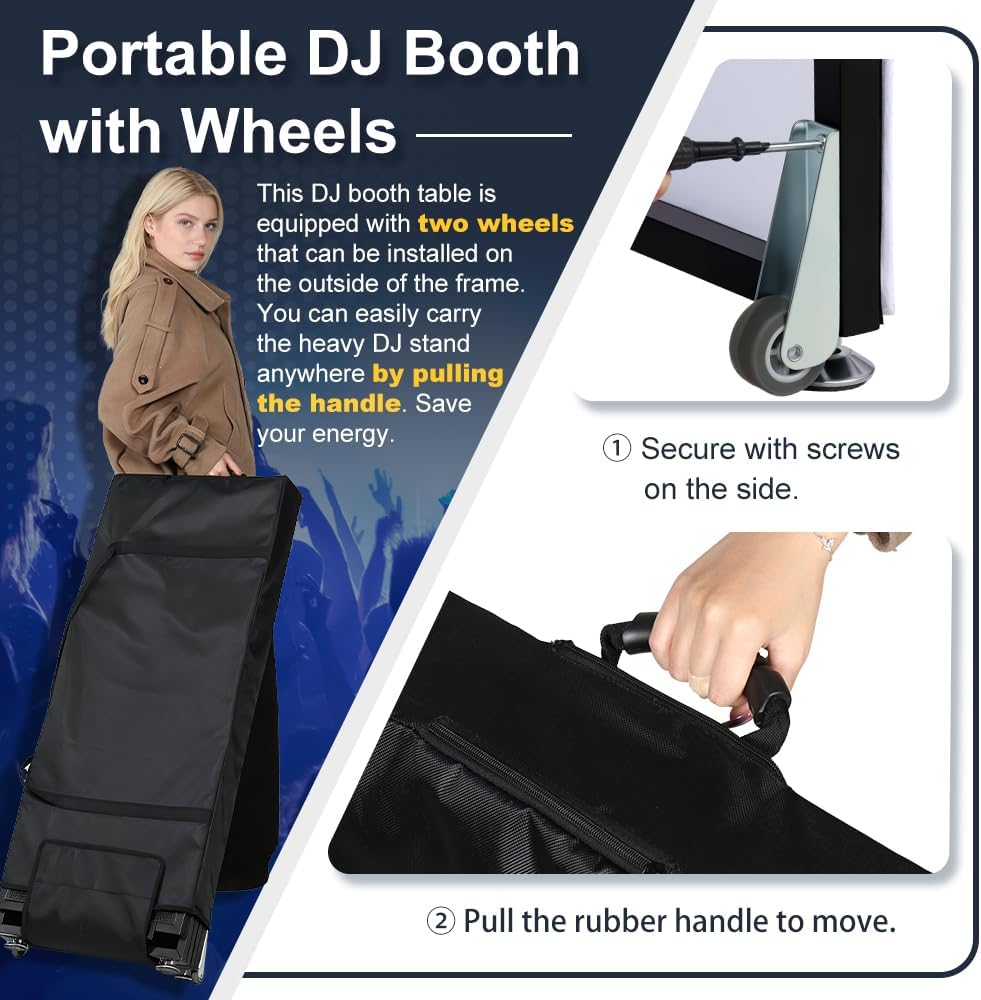 Kokorona Portable DJ Booth DJ Facade Booth Folding DJ Table with Wheels, Movable DJ Booth Facade DJ Booth Stand DJ Table with Lights, Tool-Free Assemble, Metal Frame + Black & White Scrims + Carry Bag