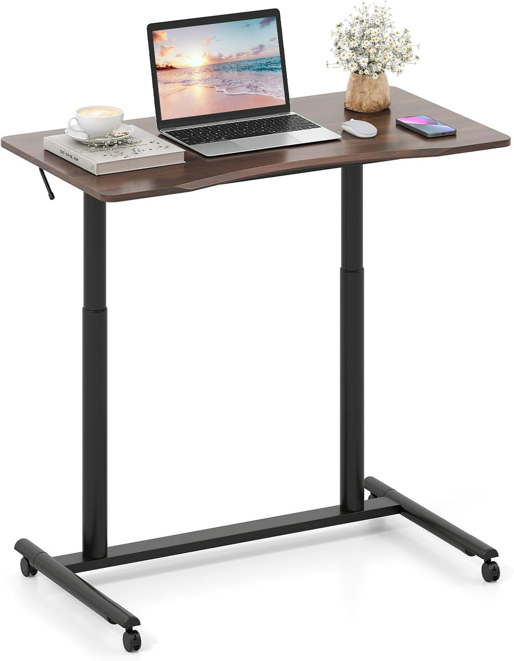 Tangkula Mobile Standing Desk, C-Shaped Sit Stand Desk with Adjustable Height, Lockable Wheels & Metal Frame, Rolling Laptop Desk, Portable Computer Workstation for Small Space