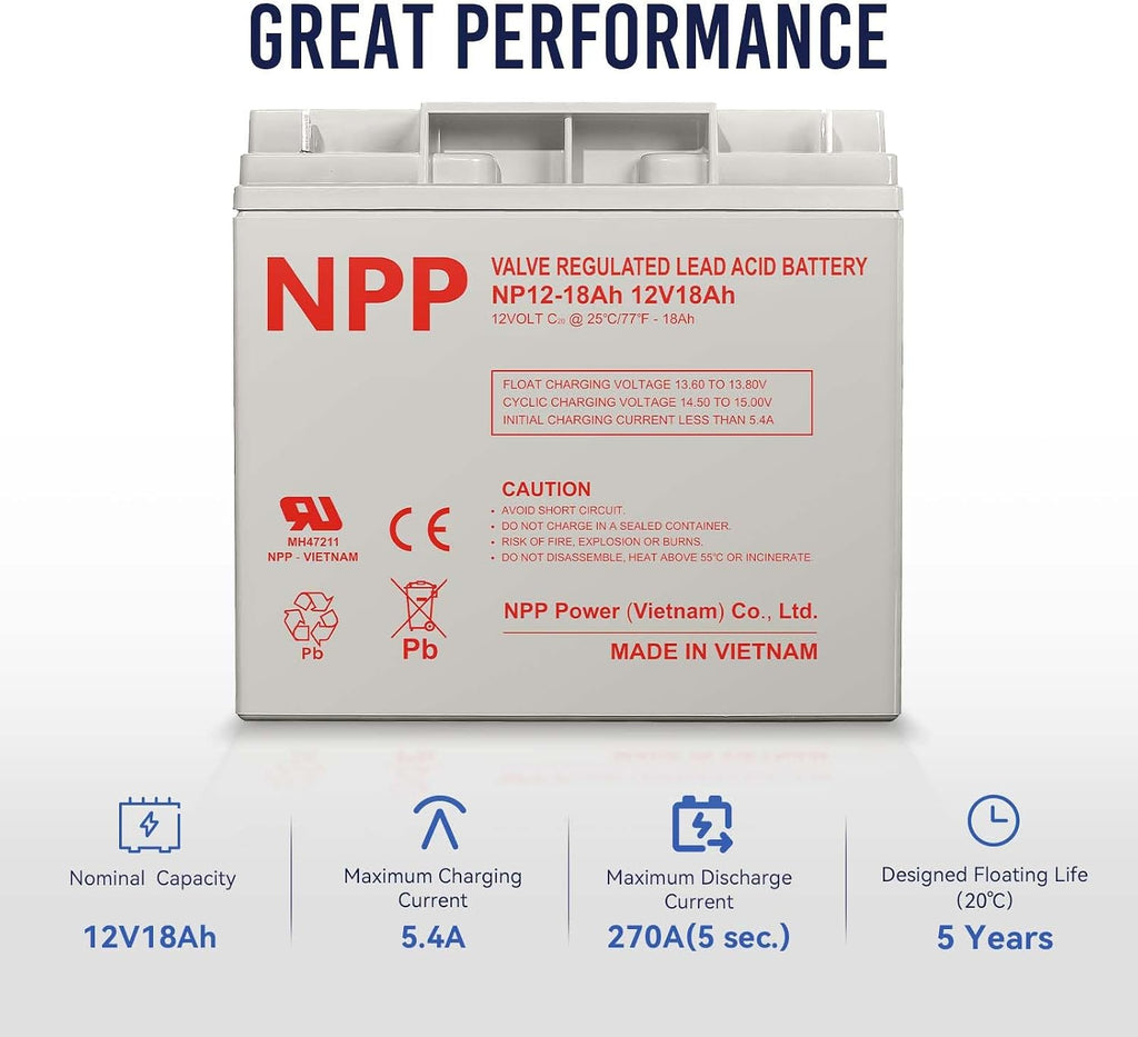 NPP NP12-18Ah (Nut & Bolt, 2 Pcs) NB Terminal 12V 18Ah SLA AGM Rechargeable Battery