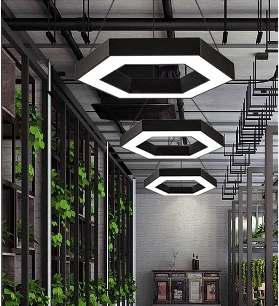 Modern Chandelier Creative Hexagon Acrylic Pendant Light Nordic Minimalist Studio LED Chandelier Modern Wrought Iron Hanging Lamp Fixtures for Clothing Store Restaurant Bars Offices Meeting Room(Black