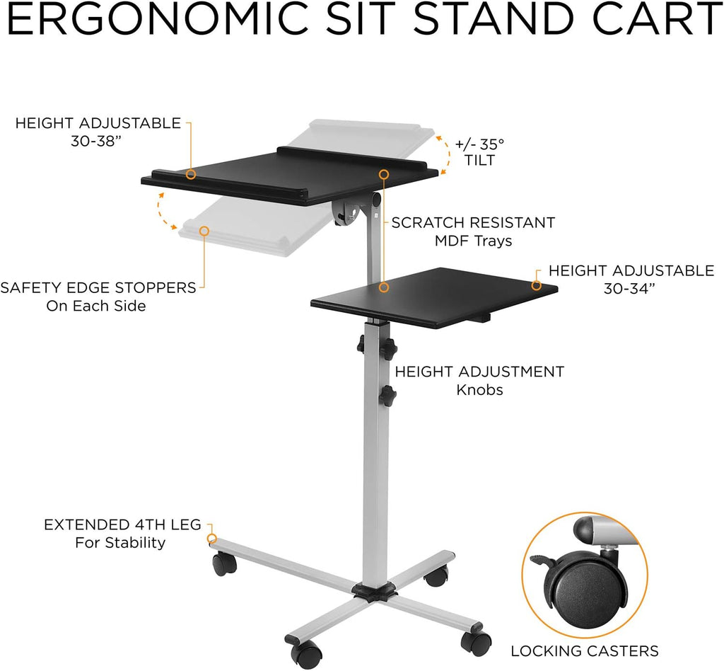 Mount-It! Projector Stand Mobile Projector Cart with Laptop Shelf on Wheels, Heavy Duty Two Shelves Height Adjustable Laptop and Projector Presentation Trolley in Black