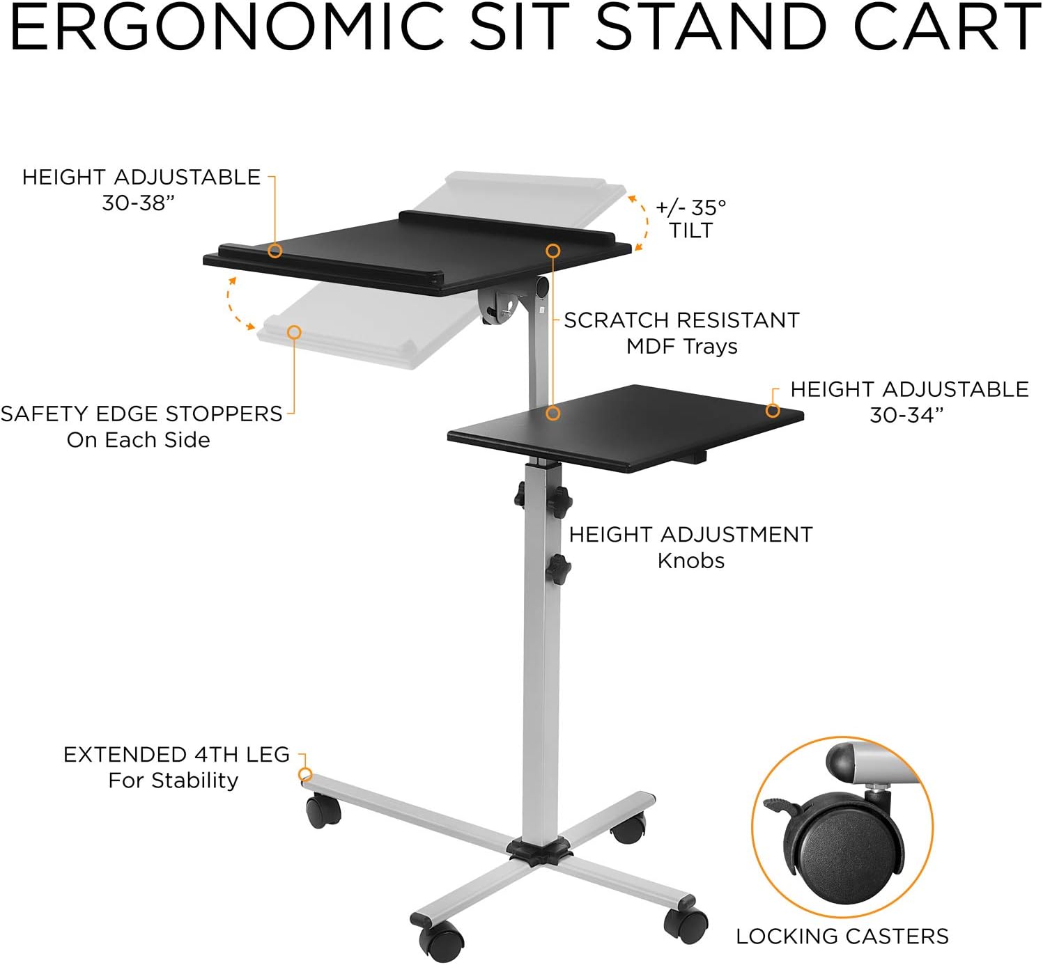 Mount-It! Projector Stand Mobile Projector Cart with Laptop Shelf on Wheels, Heavy Duty Two Shelves Height Adjustable Laptop and Projector Presentation Trolley in Black