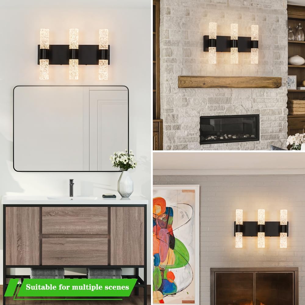Modern Vanity Light, 6-light Black LED Vanity Light Fixture, Crystal Bathroom Lighting Fixtures over Mirror, Wall Lighting Fixtures for Bath, Wall Sconce for Bedroom Living Room, 27W Warm White