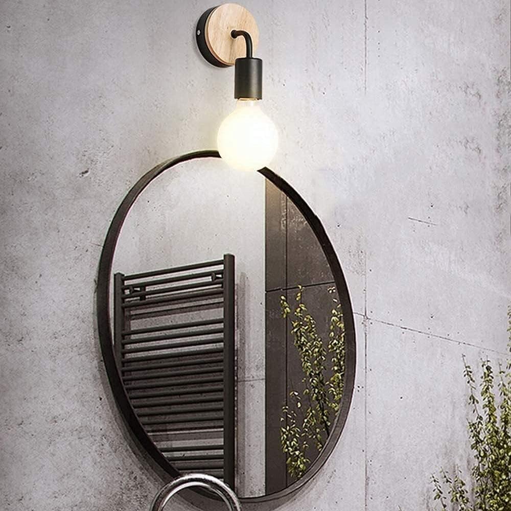 E27 Solid Wood Wall Lamp 350° Rotatable Lights Wrought Iron Holder Bathroom Make-up Light Indoor Decoration Modern Black Mirror