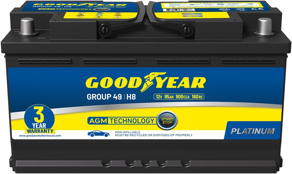 Goodyear 49-H8-AGM BCI Group Size 49 12V 95 AH, 160RC, 900 CCA Platinum series Rechargeable AGM Maintenance Free Automotive Battery