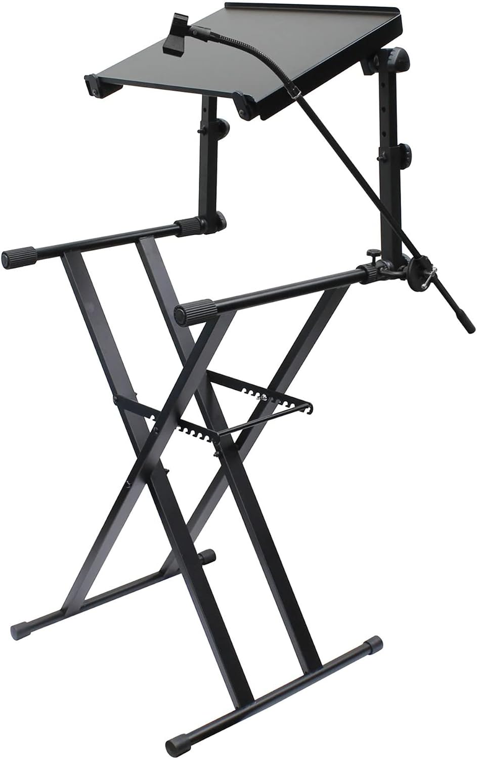 Black Two Tier X-Stand with Mic Boom and Top Shelf